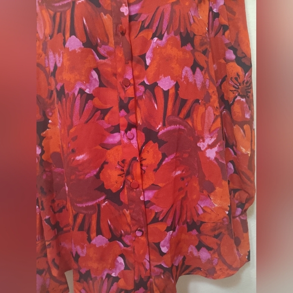 Red and Pink Puff Sleeve Blouse with Notched Collar - Picture 4 of 14